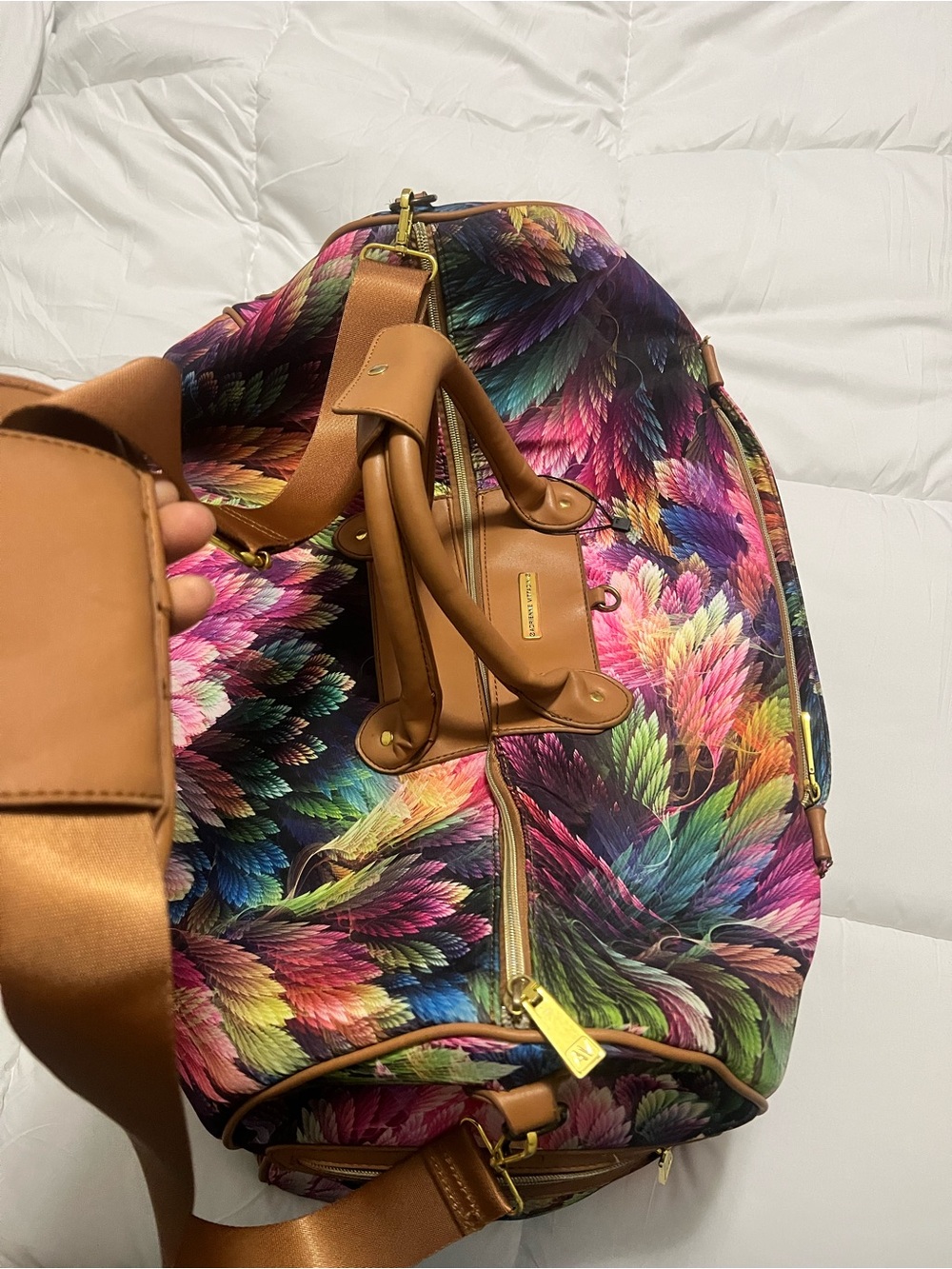 Adrienne Vittadini Multicolor Feather-Print Travel Weekender with Tan Trim